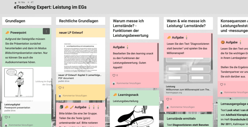 Die Lehramtsanwärter*innen setzen sich mithilfe eines Padlets in verschiedenen Sozialformen mit dem Thema Leistung im Englischunterricht der Grundschule auseinander.